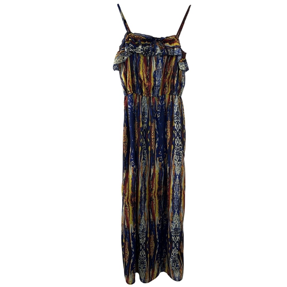 Ali & Kris Abstract Print Maxi Dress M Blue Yellow Ruffle Boho Festival Summer‎